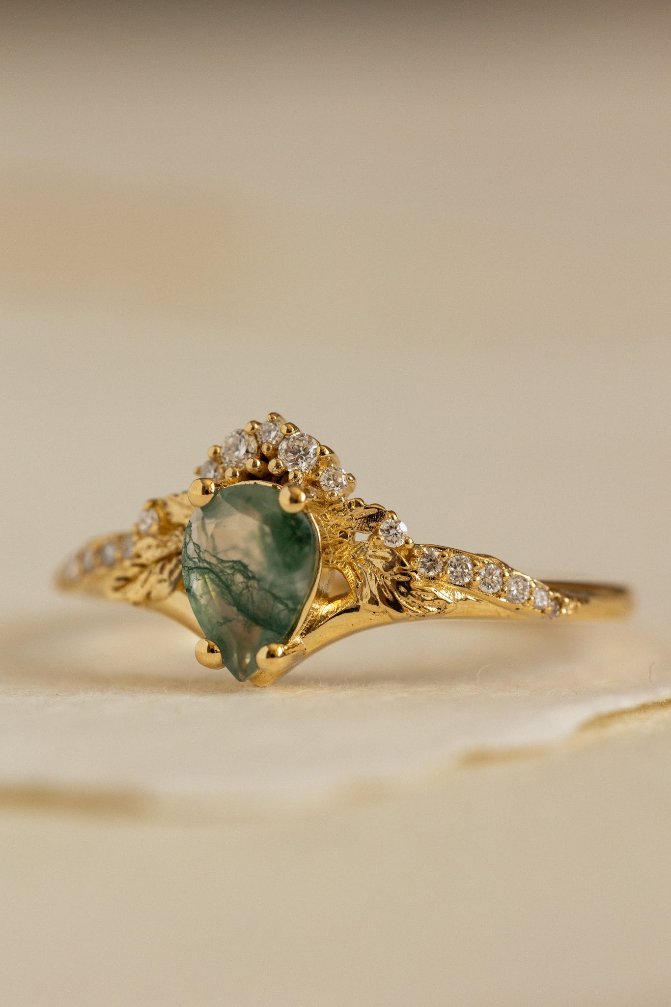 Diamond crown moss agate proposal ring / Amelia - Eden Garden Jewelry™