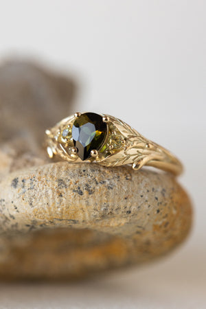 Green tourmaline engagement ring, gold leaf ring with side yellow sapphires / Wisteria - Eden Garden Jewelry™