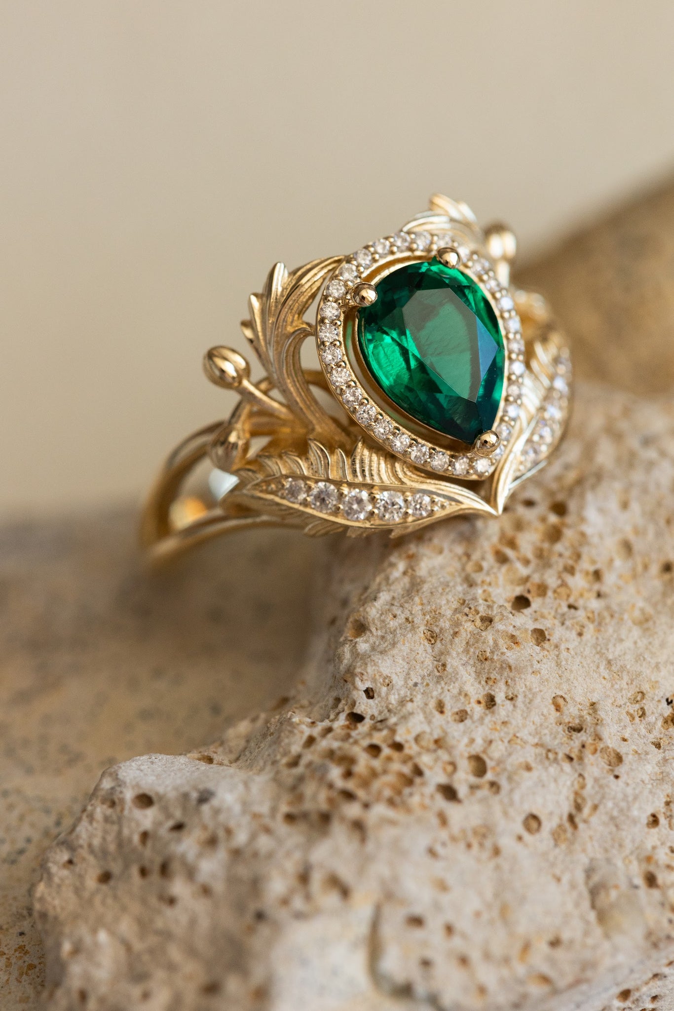 1 carat lab emerald engagement ring, gold nature inspired ring with diamond halo / Adonis halo - Eden Garden Jewelry™