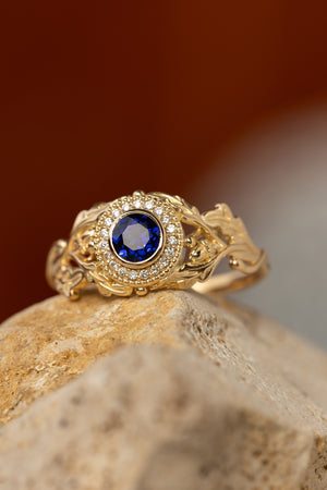 Halo diamond and lab blue sapphire engagement ring, celtic ring with oak leaves and diamonds / Dair - Eden Garden Jewelry™