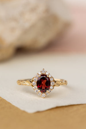 Oval garnet engagement ring with diamond halo, solid gold leaf ring / Florentina - Eden Garden Jewelry™