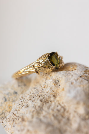 Green tourmaline engagement ring, gold leaf ring with side yellow sapphires / Wisteria - Eden Garden Jewelry™