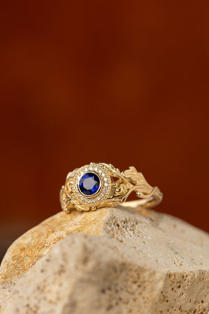 Halo diamond and lab blue sapphire engagement ring, celtic ring with oak leaves and diamonds / Dair - Eden Garden Jewelry™