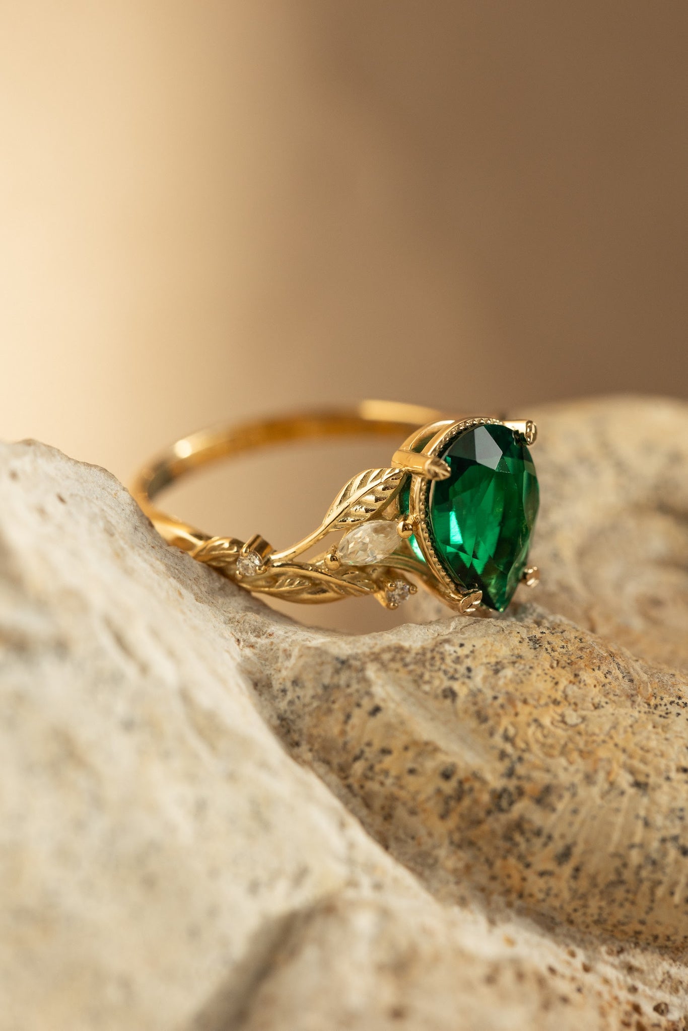 Big lab emerald twig engagement ring, yellow gold leaf ring with marquise cut diamonds  / Patricia - Eden Garden Jewelry™