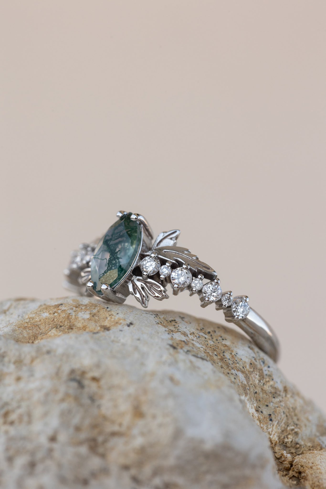 READY TO SHIP: Verbena ring in 18K white gold, natural moss agate marquise cut 8x4 mm, accents lab grown diamonds, RING SIZE: 5.5 - 8.5 US