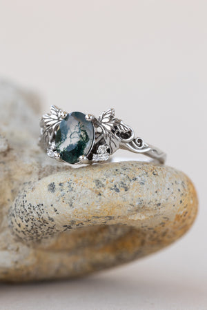 READY TO SHIP: Vineyard engagement ring in 14K white gold, oval moss agate, accents lab grown diamonds, RING SIZE: 5.5 - 8.5 US