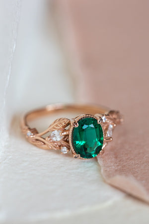 Emerald and accent diamonds engagement ring, rose gold engagement ring / Patricia - Eden Garden Jewelry™