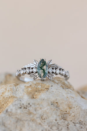 READY TO SHIP: Verbena ring in 18K white gold, natural moss agate marquise cut 8x4 mm, accents lab grown diamonds, RING SIZE: 5.5 - 8.5 US