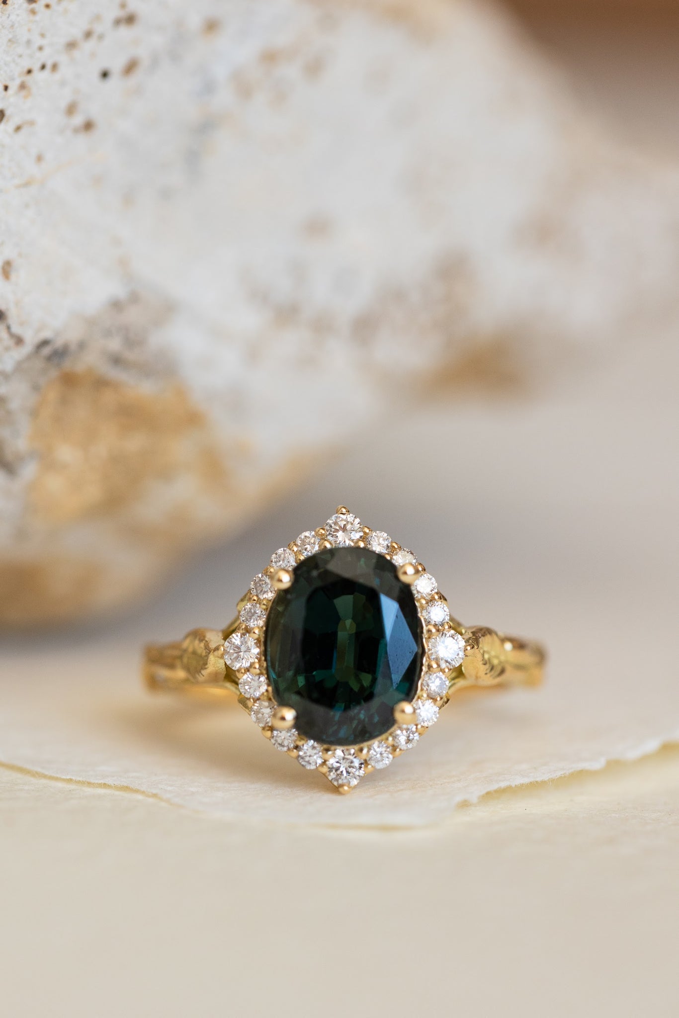 Diamond halo and natural teal sapphire engagement ring, nature inspired yellow gold ring / Florentina - Eden Garden Jewelry™