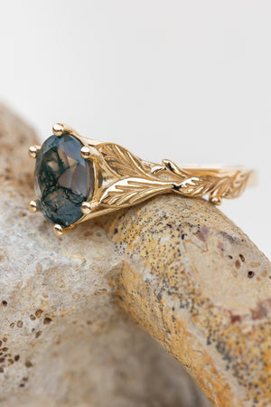 Natural moss agate gold leaf engagement ring, oval cut gemstone proposal ring / Freesia