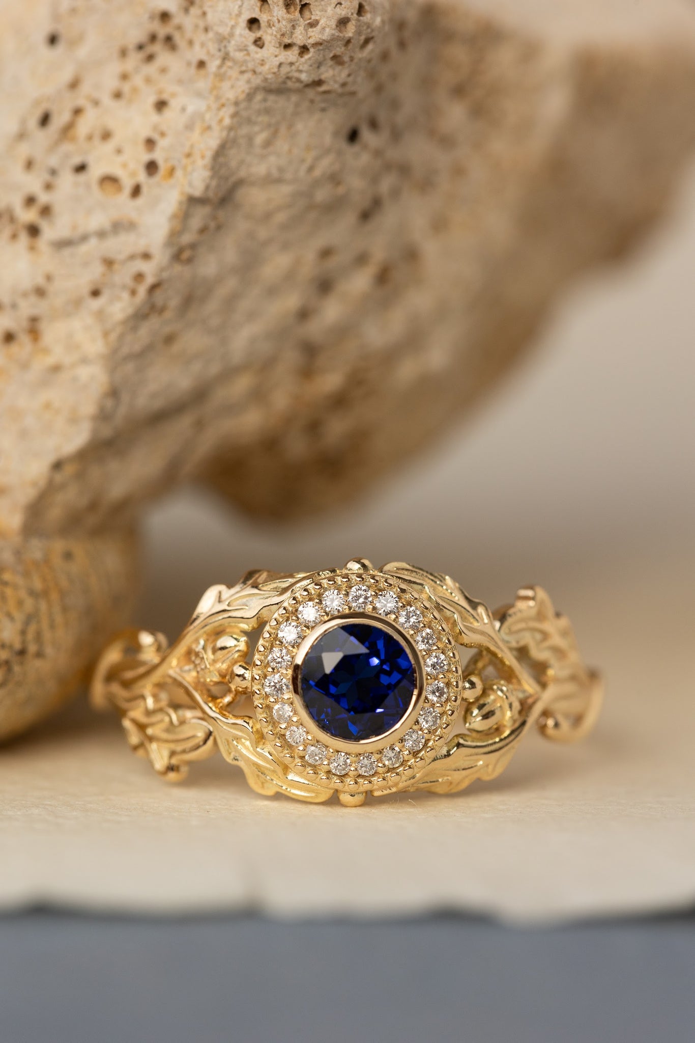 Halo diamond and lab blue sapphire engagement ring, celtic ring with oak leaves and diamonds / Dair - Eden Garden Jewelry™