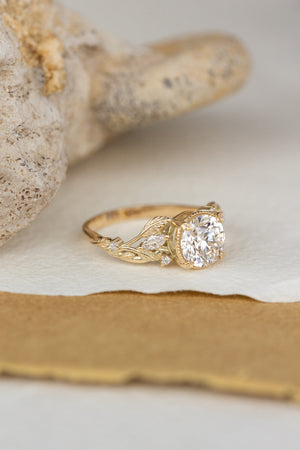 Lab grown diamond engagement ring, gold nature inspired ring with leaves and diamonds / Patricia - Eden Garden Jewelry™