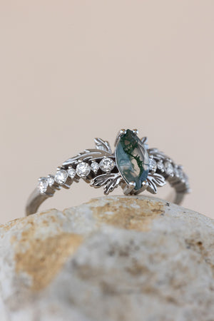 READY TO SHIP: Verbena ring in 18K white gold, natural moss agate marquise cut 8x4 mm, accents lab grown diamonds, RING SIZE: 5.5 - 8.5 US