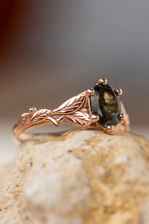 Freesia ring in 14K rutile peridot, rose gold, 8x6 mm oval cut - Eden Garden Jewelry™