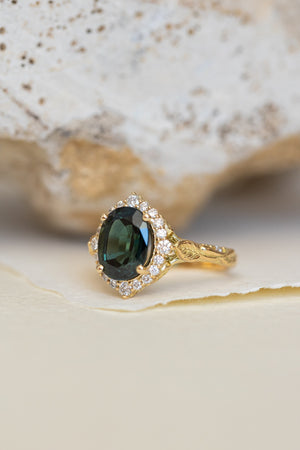 Dark teal genuine sapphire engagement ring set, diamond halo bridal ring set / Florentina - Eden Garden Jewelry™