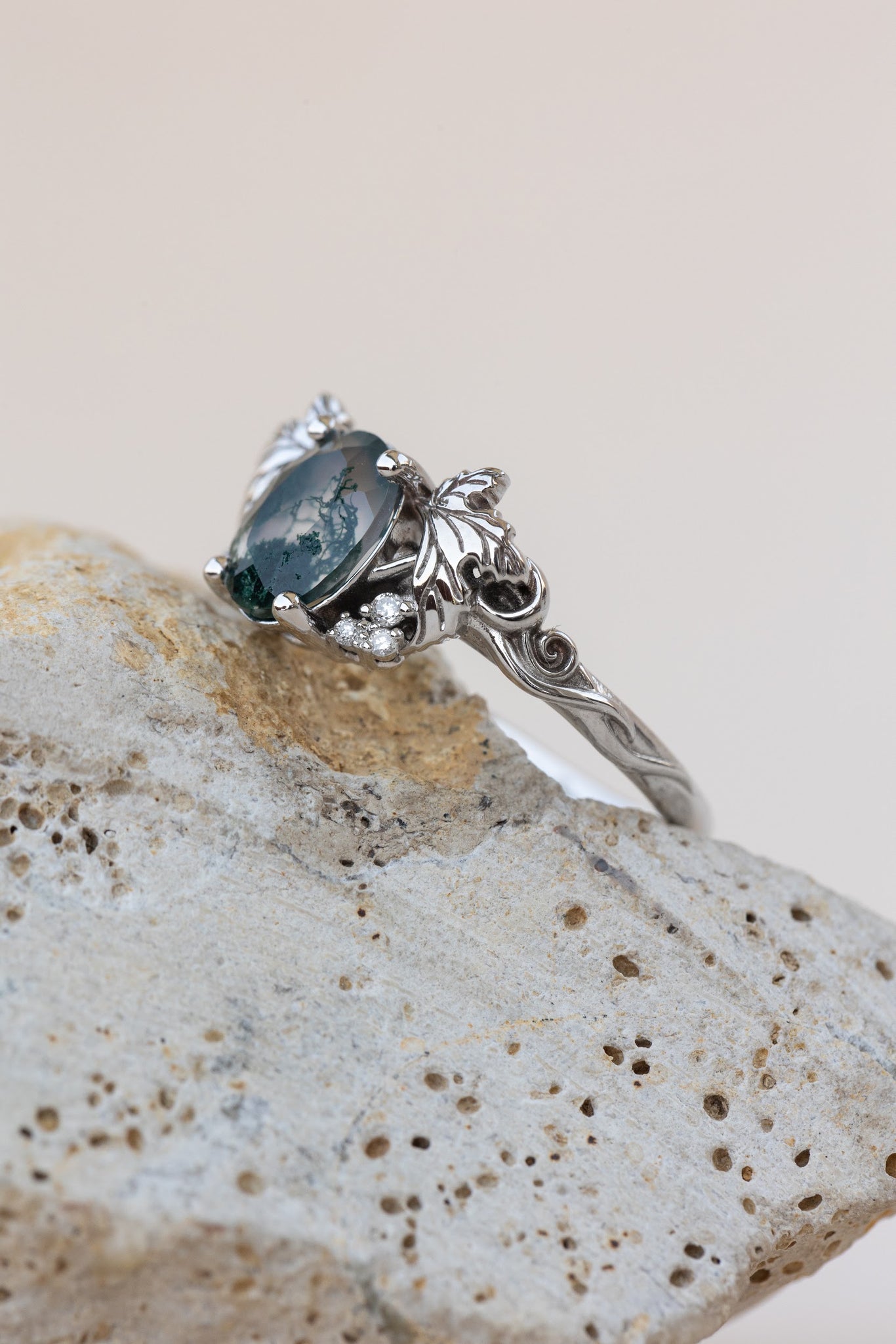 READY TO SHIP: Vineyard engagement ring in 14K white gold, oval moss agate, accents lab grown diamonds, RING SIZE: 5.5 - 8.5 US