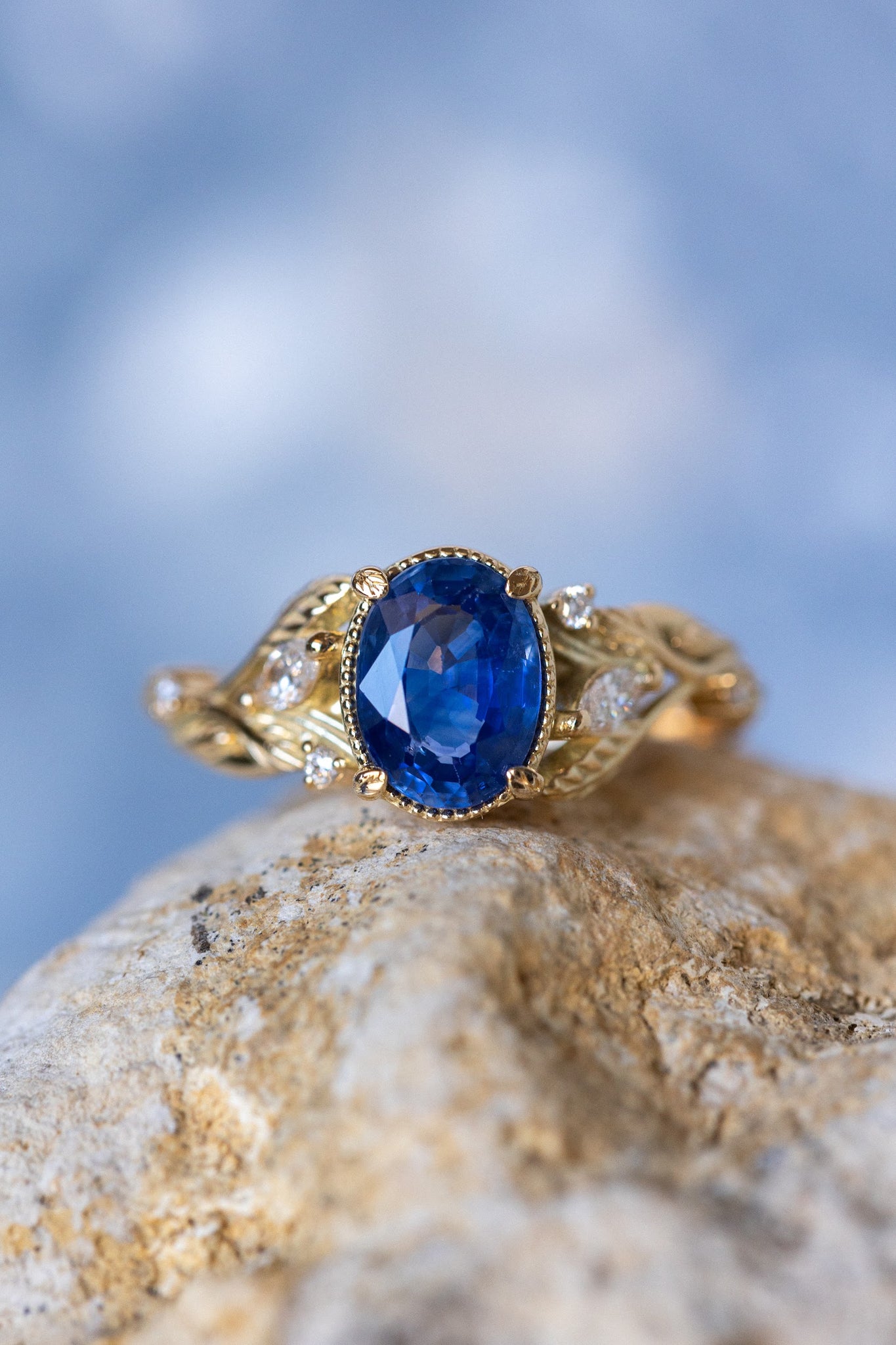 Natural oval blue sapphire engagement ring, gold nature inspired ring with accent diamonds / Patricia - Eden Garden Jewelry™