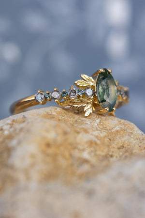 Moss agate and accents sapphires and diamonds engagement ring, nature inspired gold leaf ring / Verbena - Eden Garden Jewelry™