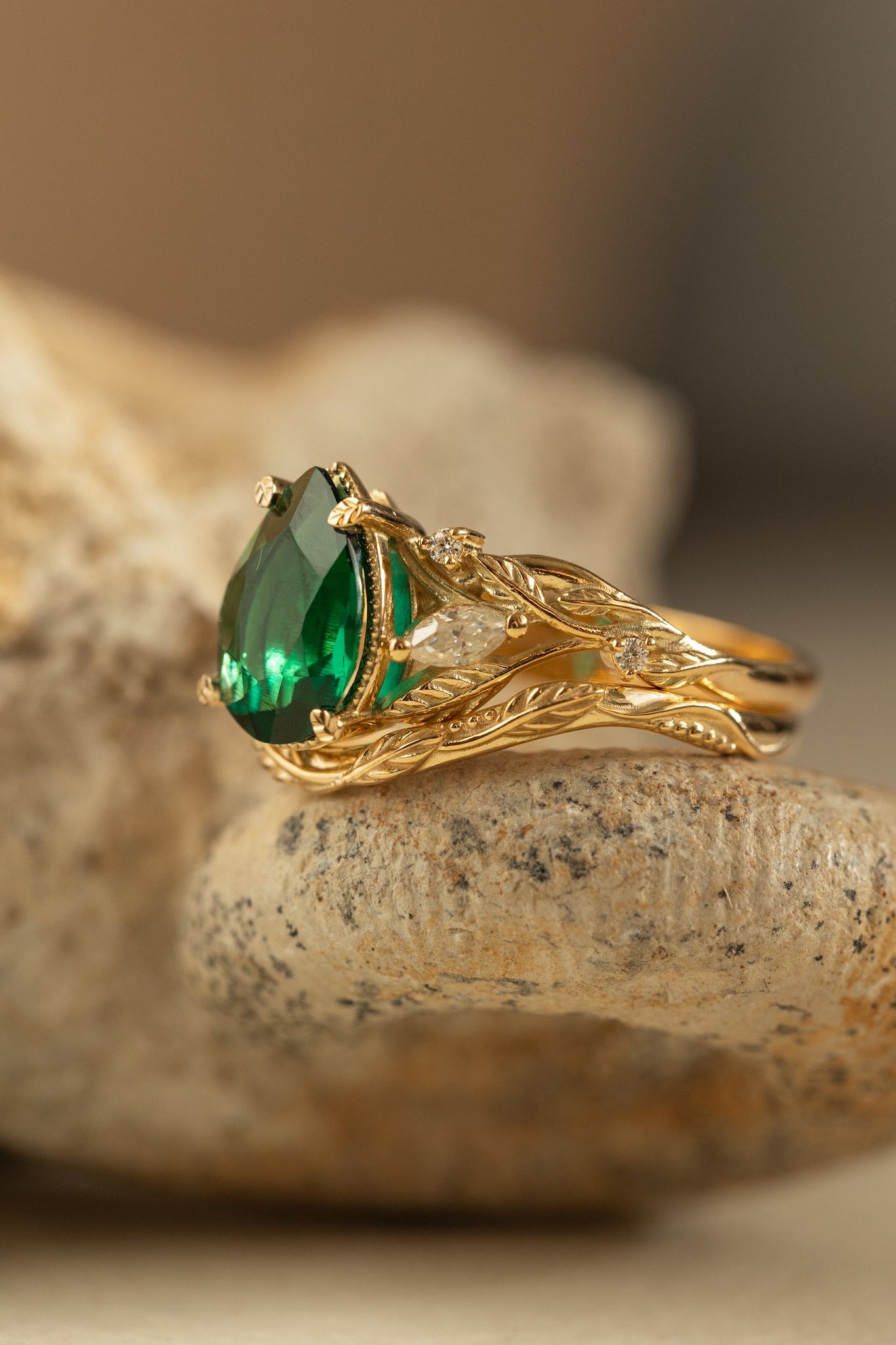 Big lab emerald twig engagement ring set, yellow gold leaf bridal ring set with marquise cut diamonds  / Patricia - Eden Garden Jewelry™