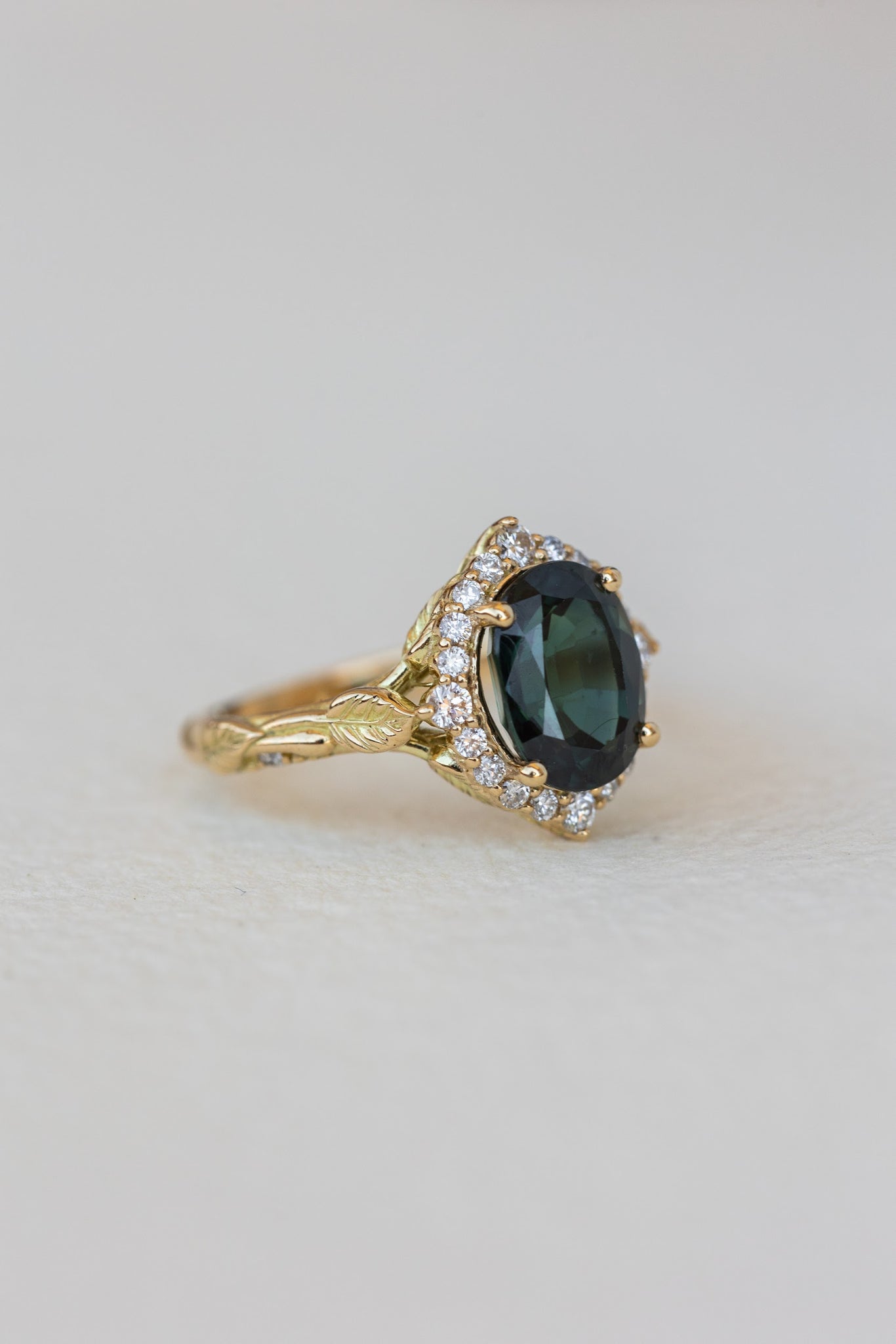 Diamond halo and natural teal sapphire engagement ring, nature inspired yellow gold ring / Florentina - Eden Garden Jewelry™