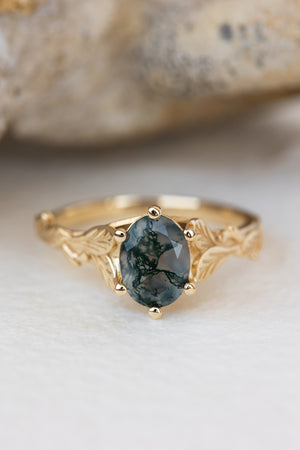 Natural moss agate gold leaf engagement ring, oval cut gemstone proposal ring / Freesia