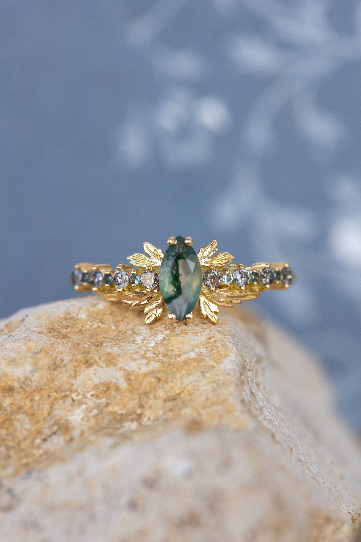 Moss agate and accents sapphires and diamonds engagement ring, nature inspired gold leaf ring / Verbena - Eden Garden Jewelry™