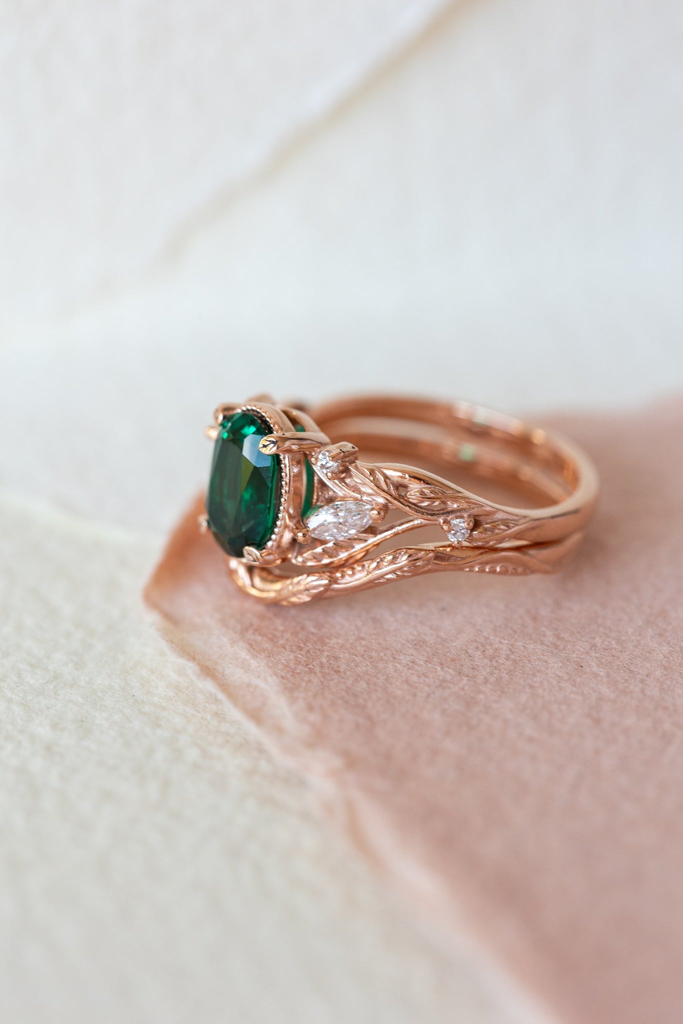 Lab emerald rose gold engagement ring set, leaves and diamonds bridal ring set / Patricia - Eden Garden Jewelry™