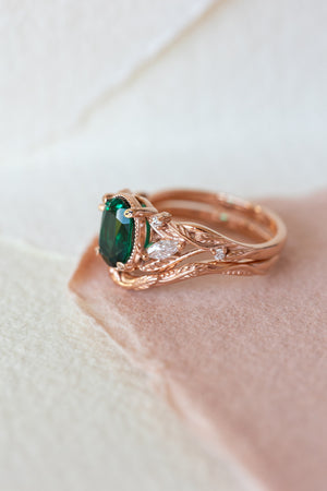 Lab emerald rose gold engagement ring set, leaves and diamonds bridal ring set / Patricia - Eden Garden Jewelry™