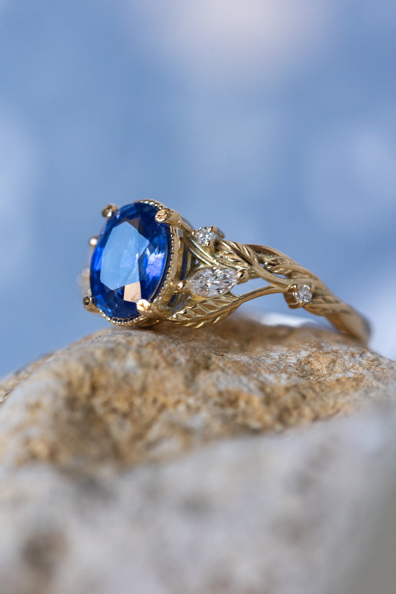 Natural oval blue sapphire engagement ring, gold nature inspired ring with accent diamonds / Patricia - Eden Garden Jewelry™