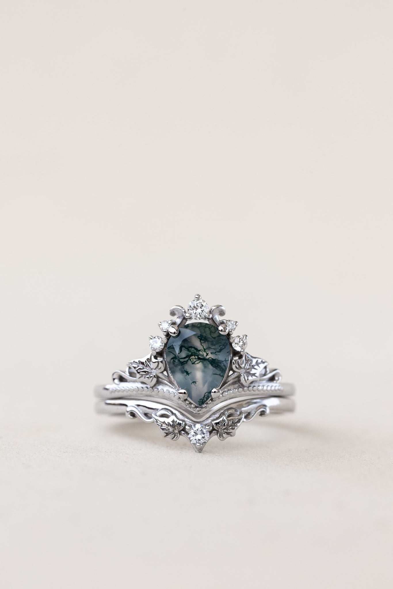 Natural moss agate bridal ring set, alternative engagement ring set / Ariadne