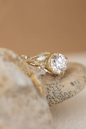 Lab grown diamond engagement ring, gold nature inspired ring with leaves and diamonds / Patricia - Eden Garden Jewelry™