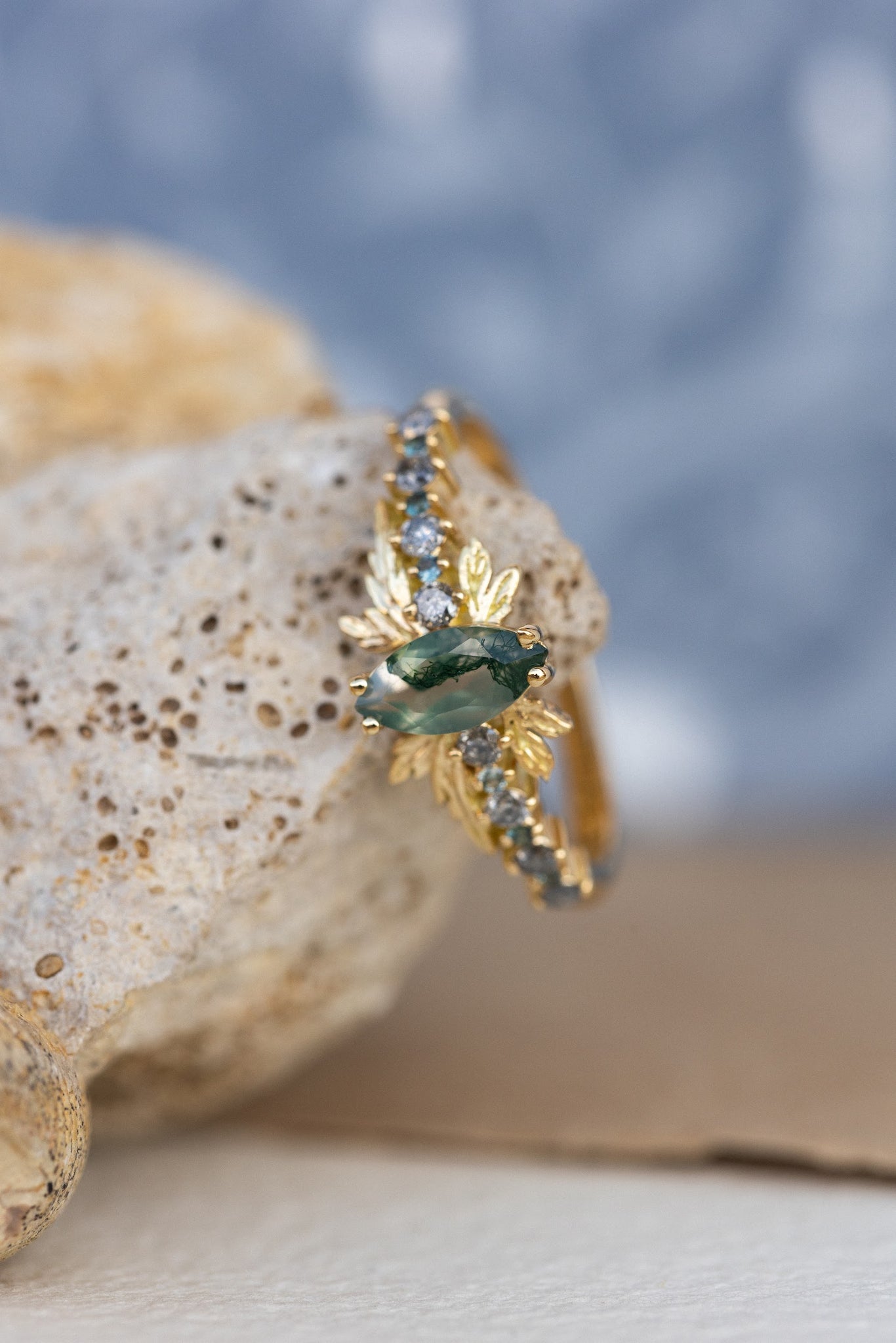 Moss agate and accents sapphires and diamonds engagement ring, nature inspired gold leaf ring / Verbena - Eden Garden Jewelry™