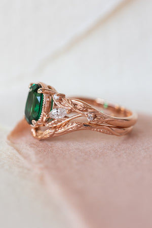 Lab emerald rose gold engagement ring set, leaves and diamonds bridal ring set / Patricia - Eden Garden Jewelry™