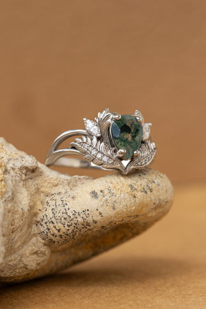 READY TO SHIP: Adonis ring in 14K white gold, pear cut moss agate, accent lab grown diamonds, RING SIZES: 4.5 - 8.75 US