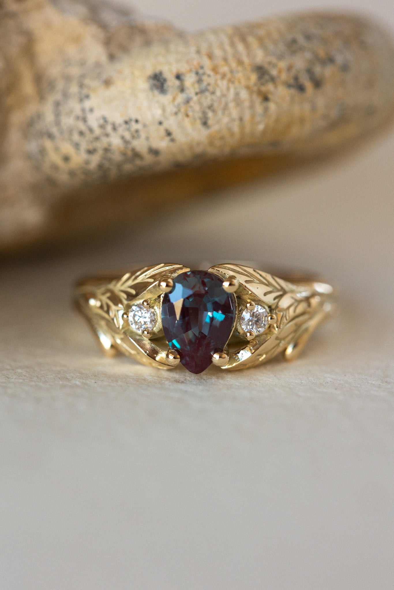 Pear alexandrite ring with diamonds, leaf engagement ring / Wisteria - Eden Garden Jewelry™