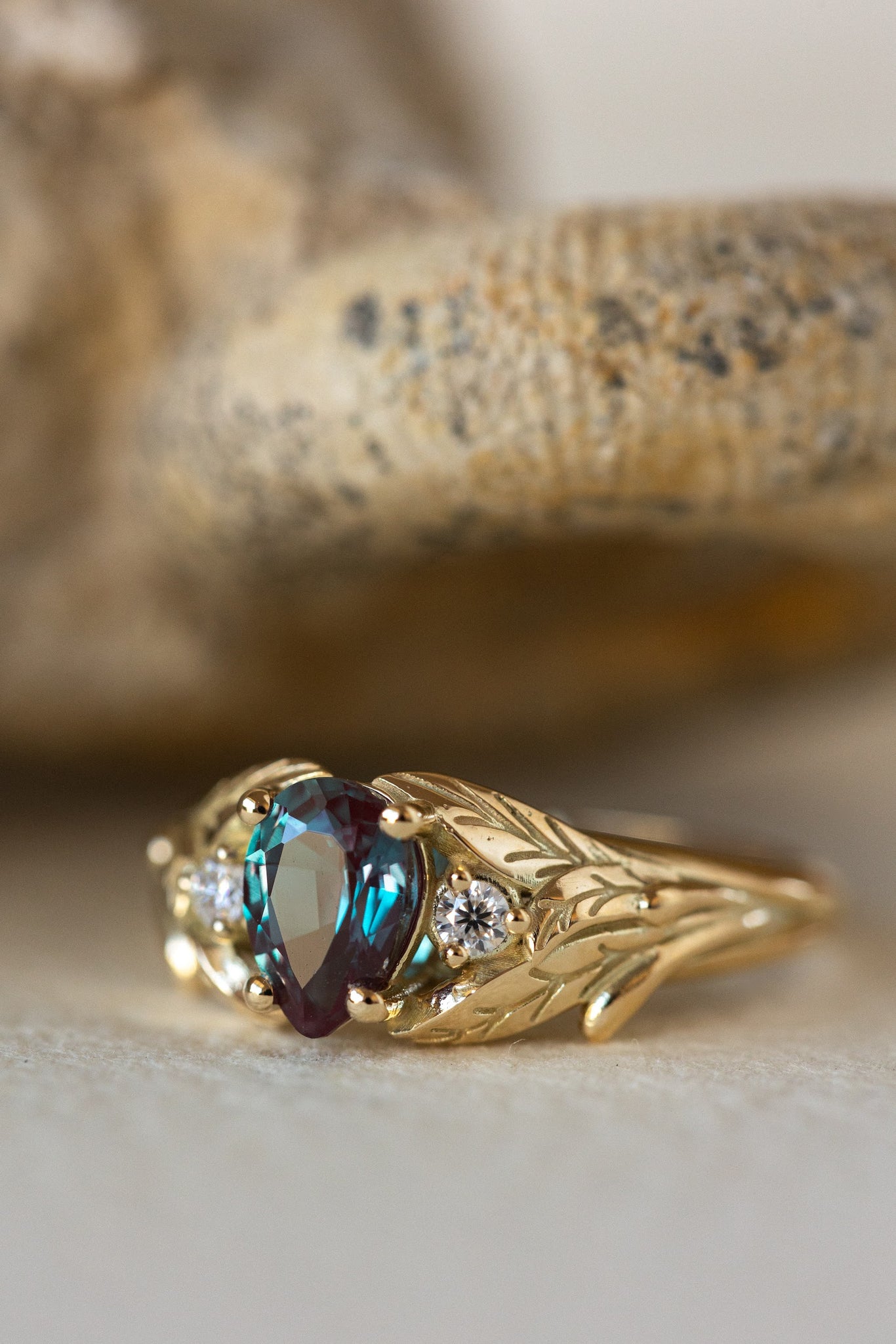 Pear alexandrite ring with diamonds, leaf engagement ring / Wisteria - Eden Garden Jewelry™