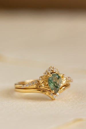 Natural green moss agate bridal ring set / Amelia - Eden Garden Jewelry™