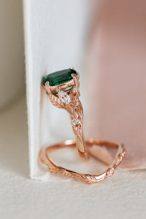 Lab emerald rose gold engagement ring set, leaves and diamonds bridal ring set / Patricia - Eden Garden Jewelry™