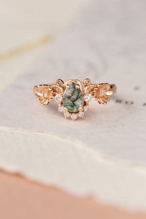 Pear moss agate engagement ring with half-halo diamond, rose gold flower proposal ring / Adelina - Eden Garden Jewelry™