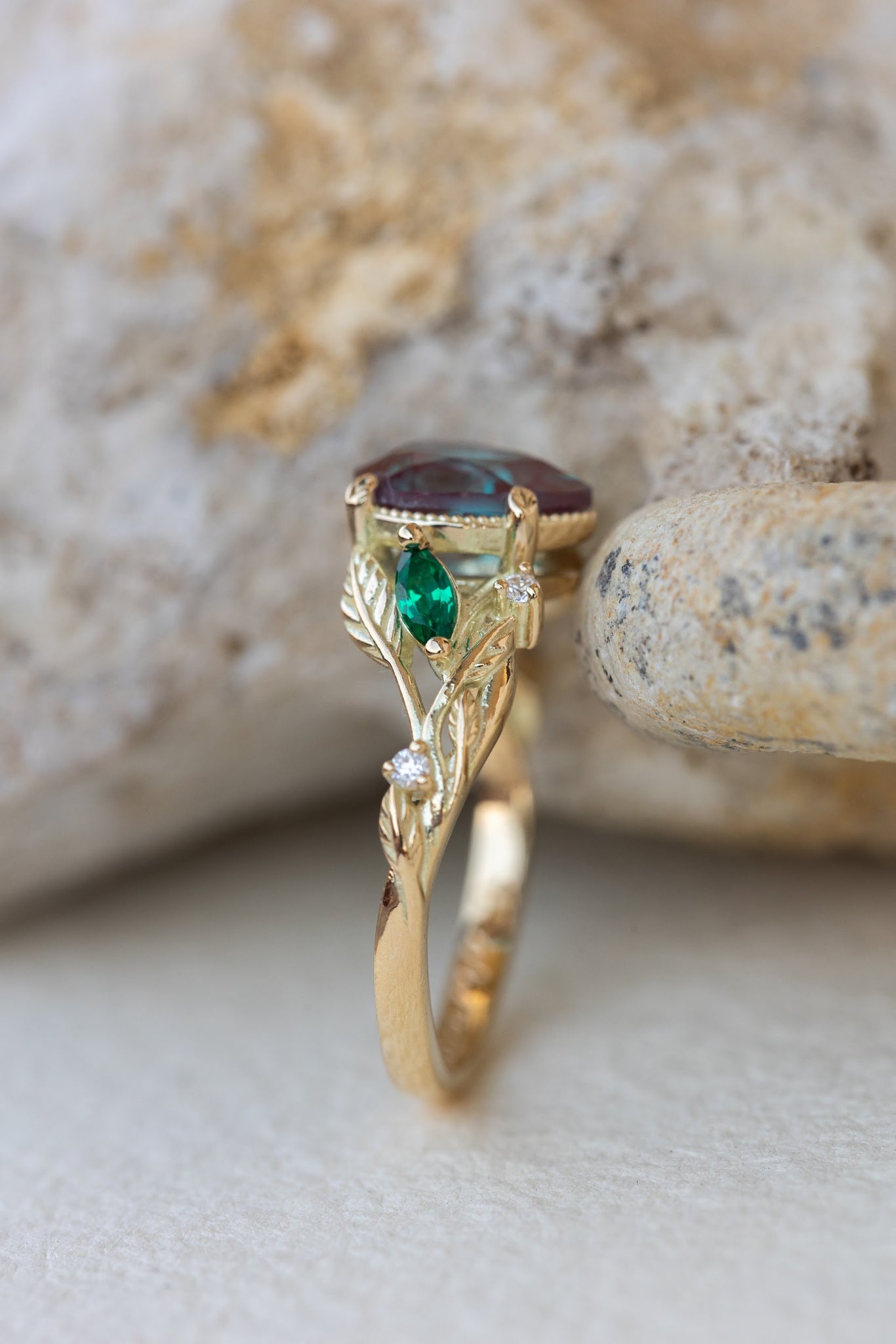 Alexandrite and accent emeralds bridal ring set, ethical gemstones engagement ring set / Patricia - Eden Garden Jewelry™