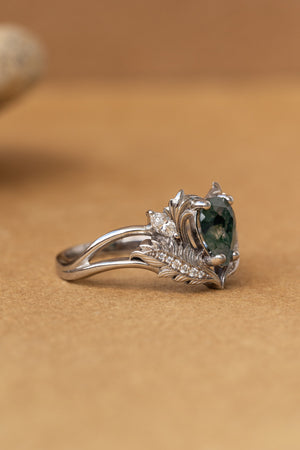 READY TO SHIP: Adonis ring in 14K white gold, pear cut moss agate, accent lab grown diamonds, RING SIZES: 4.5 - 8.75 US