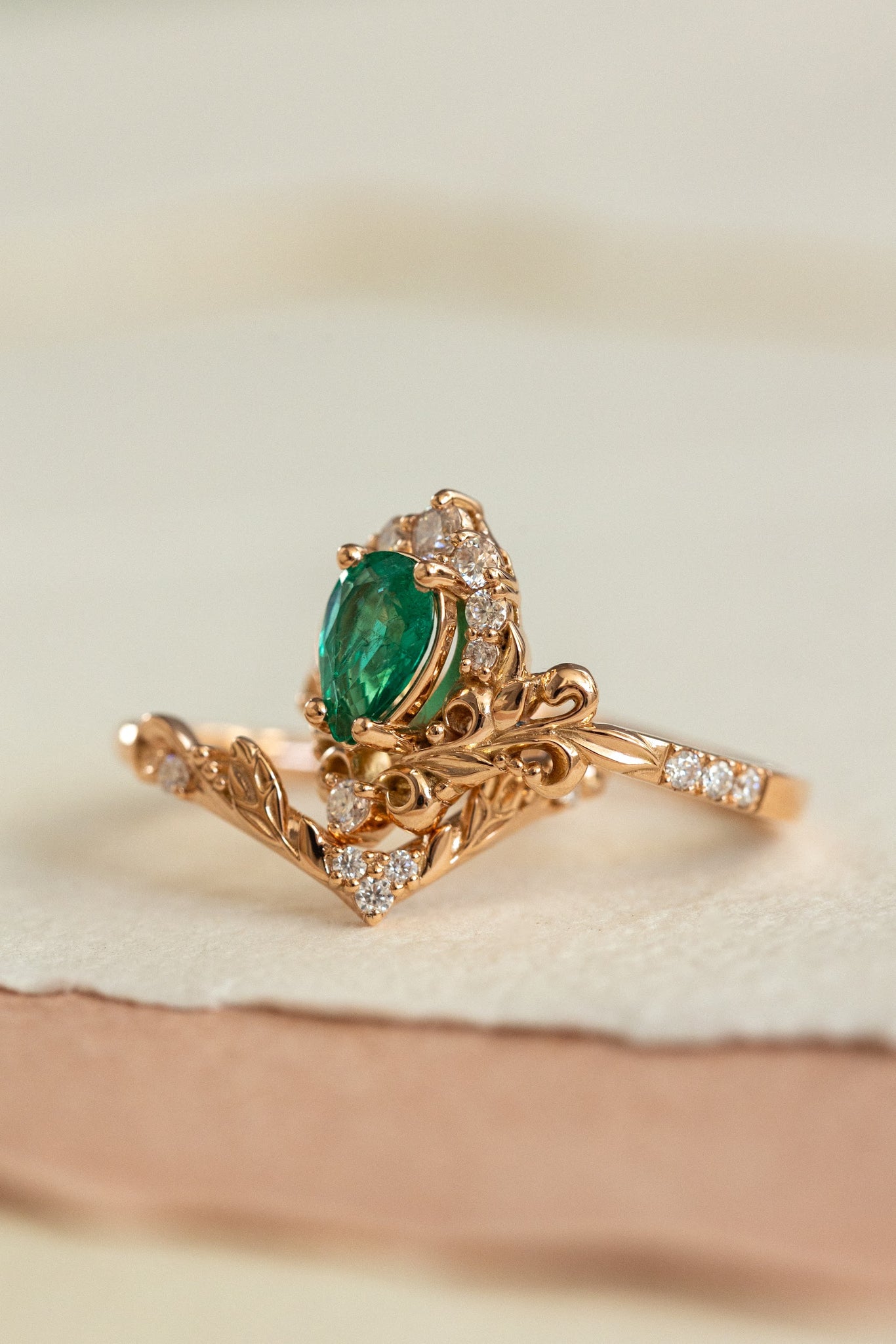 Emerald baroque style engagement ring, rose gold engagement ring with diamonds / Sophie - Eden Garden Jewelry™