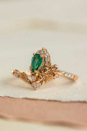 Emerald baroque style engagement ring, rose gold engagement ring with diamonds / Sophie - Eden Garden Jewelry™