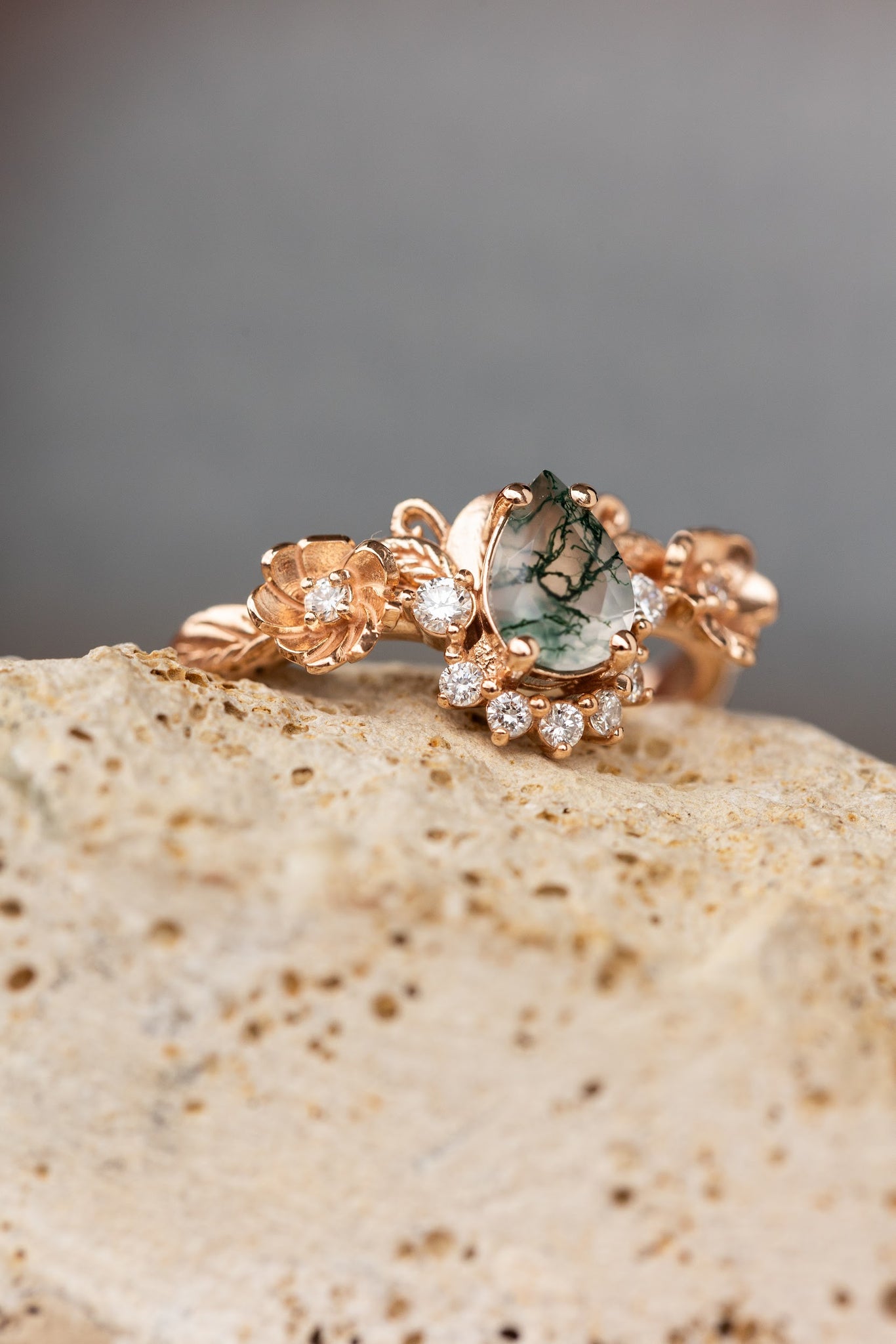 Pear moss agate engagement ring with half-halo diamond, rose gold flower proposal ring / Adelina - Eden Garden Jewelry™