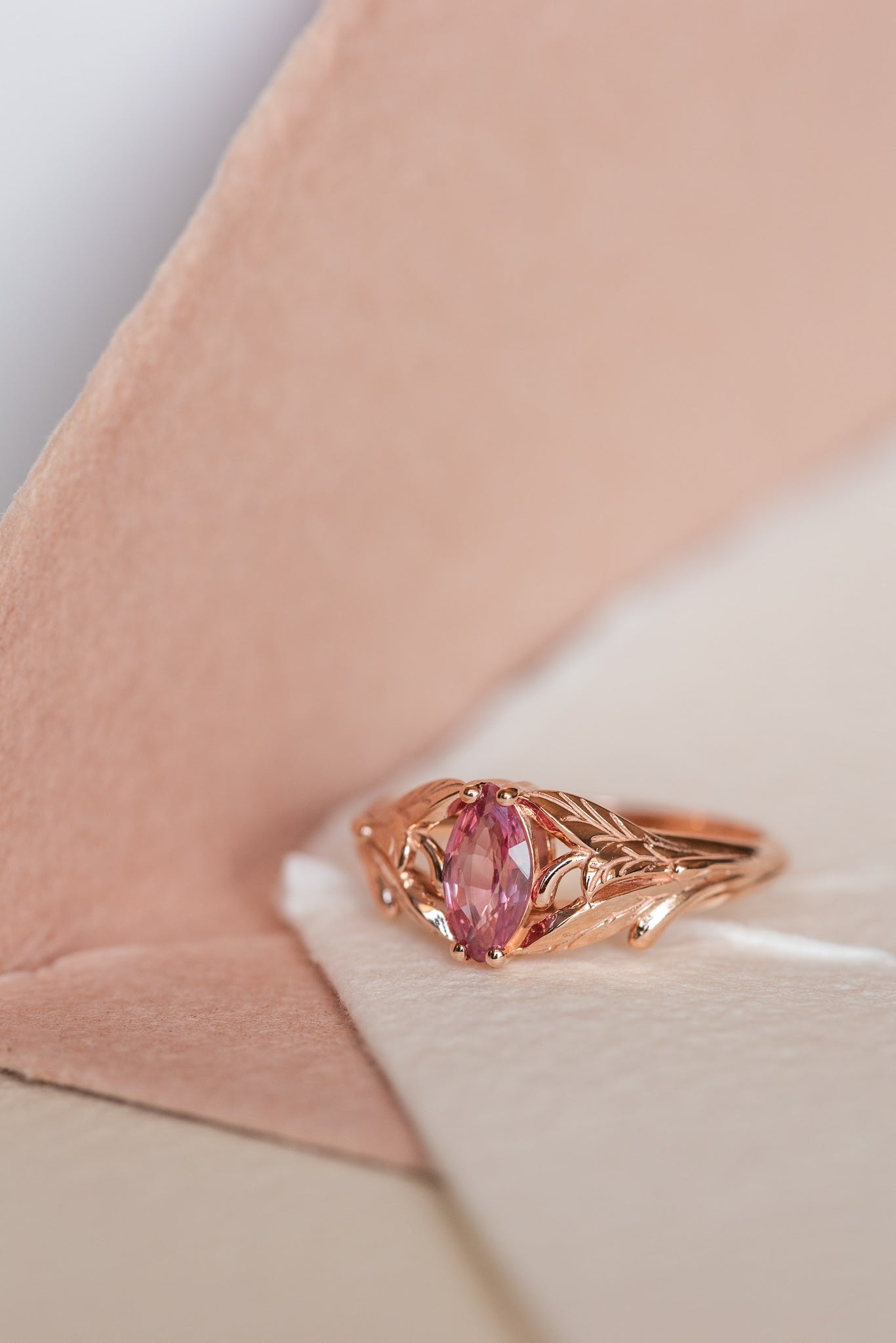 Natural pink sapphire engagement ring, leaf proposal ring with marquise cut gemstone / Wisteria - Eden Garden Jewelry™