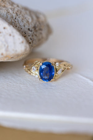 Natural oval blue sapphire engagement ring, gold nature inspired ring with accent diamonds / Patricia - Eden Garden Jewelry™