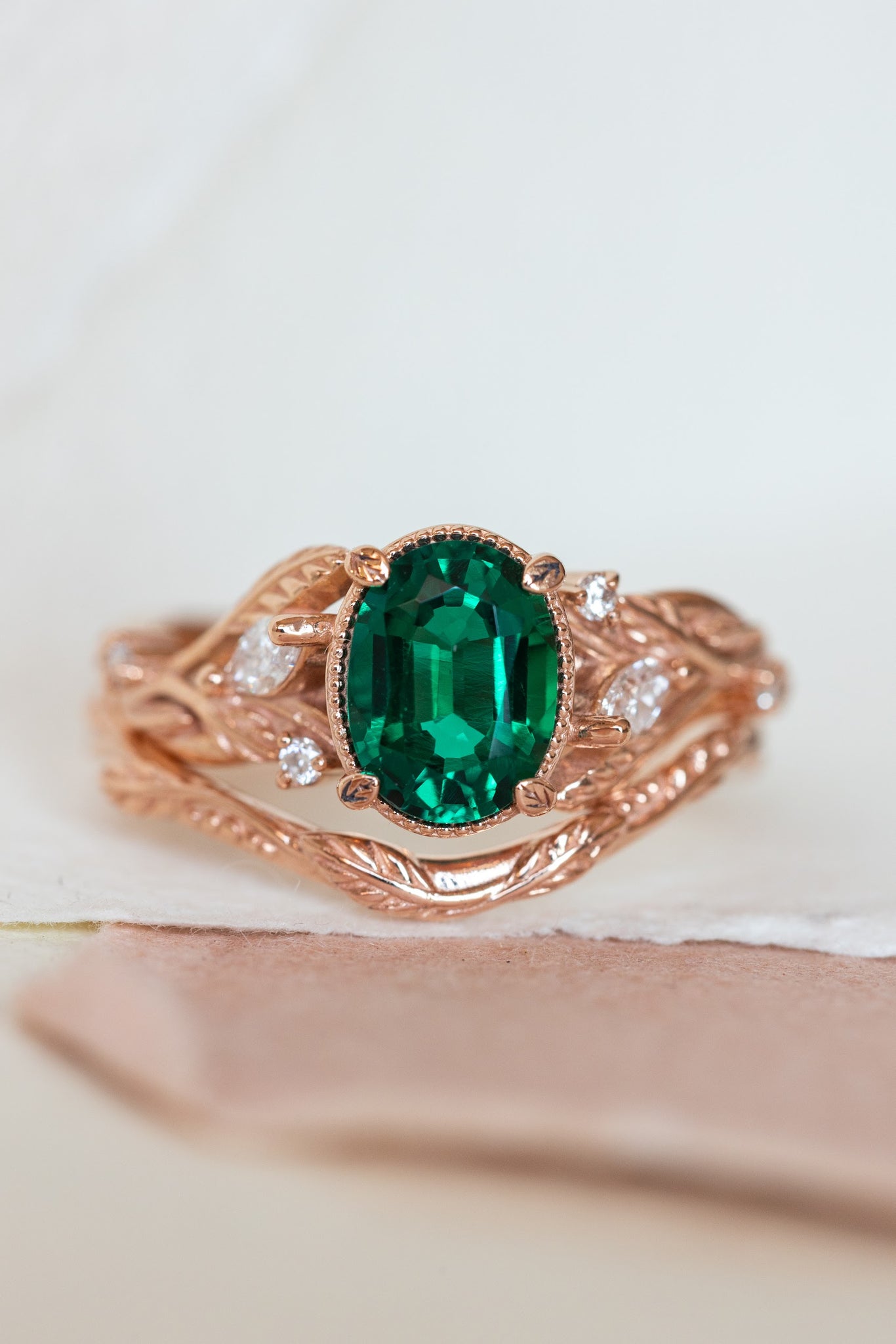 Lab emerald rose gold engagement ring set, leaves and diamonds bridal ring set / Patricia - Eden Garden Jewelry™