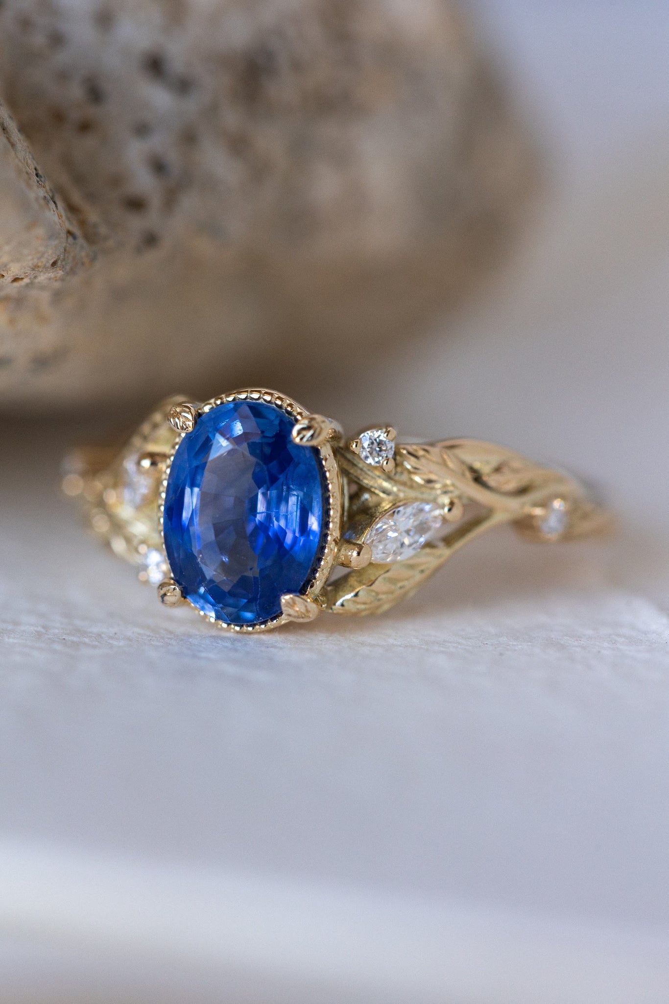 READY TO SHIP: Patricia ring in 18K yellow gold, natural vivid blue sapphire 8x6 mm, accent lab grown diamonds, AVAILABLE RING SIZES: 5.5 - 8.5 US