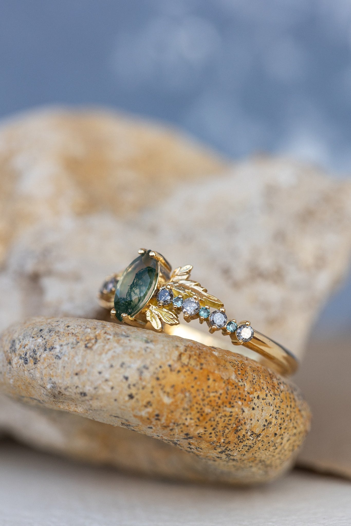 Moss agate and accents sapphires and diamonds engagement ring, nature inspired gold leaf ring / Verbena - Eden Garden Jewelry™