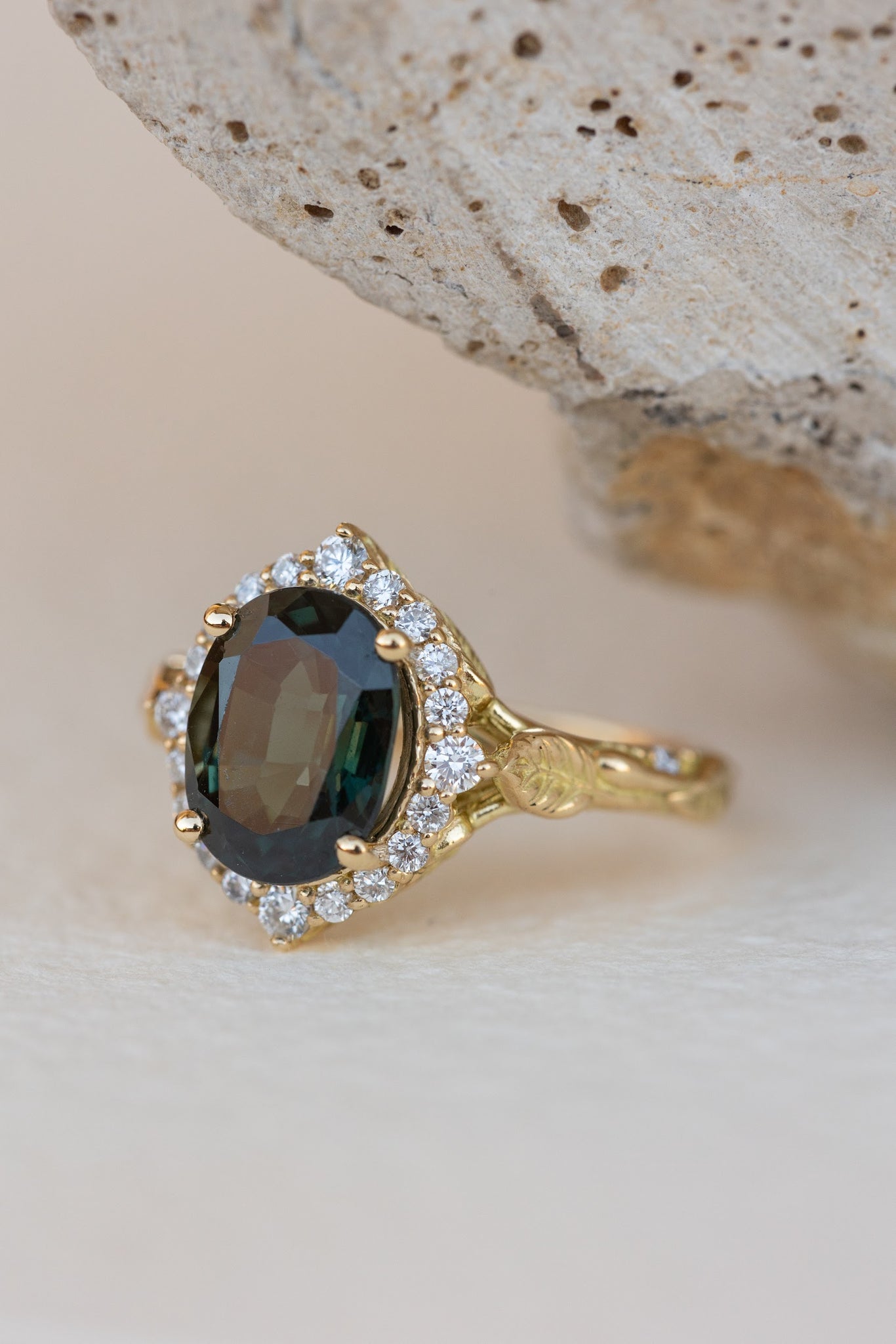 Diamond halo and natural teal sapphire engagement ring, nature inspired yellow gold ring / Florentina - Eden Garden Jewelry™